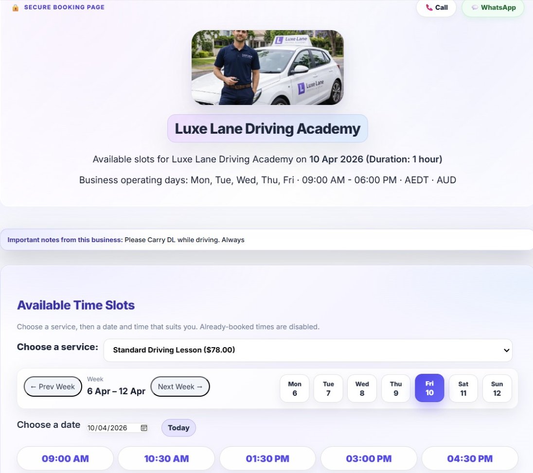 Customer booking screen showing time selection and secure payment through SoloPayLink