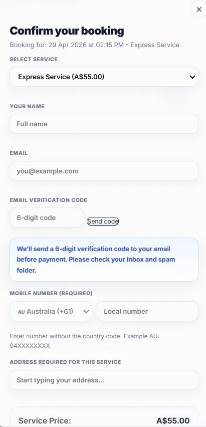 Customer booking screen showing time selection and secure payment through SoloPayLink
