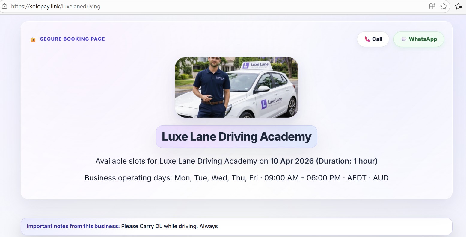 SoloPayLink customer booking page preview