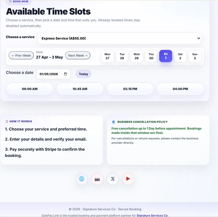SoloPayLink secure booking and payment preview