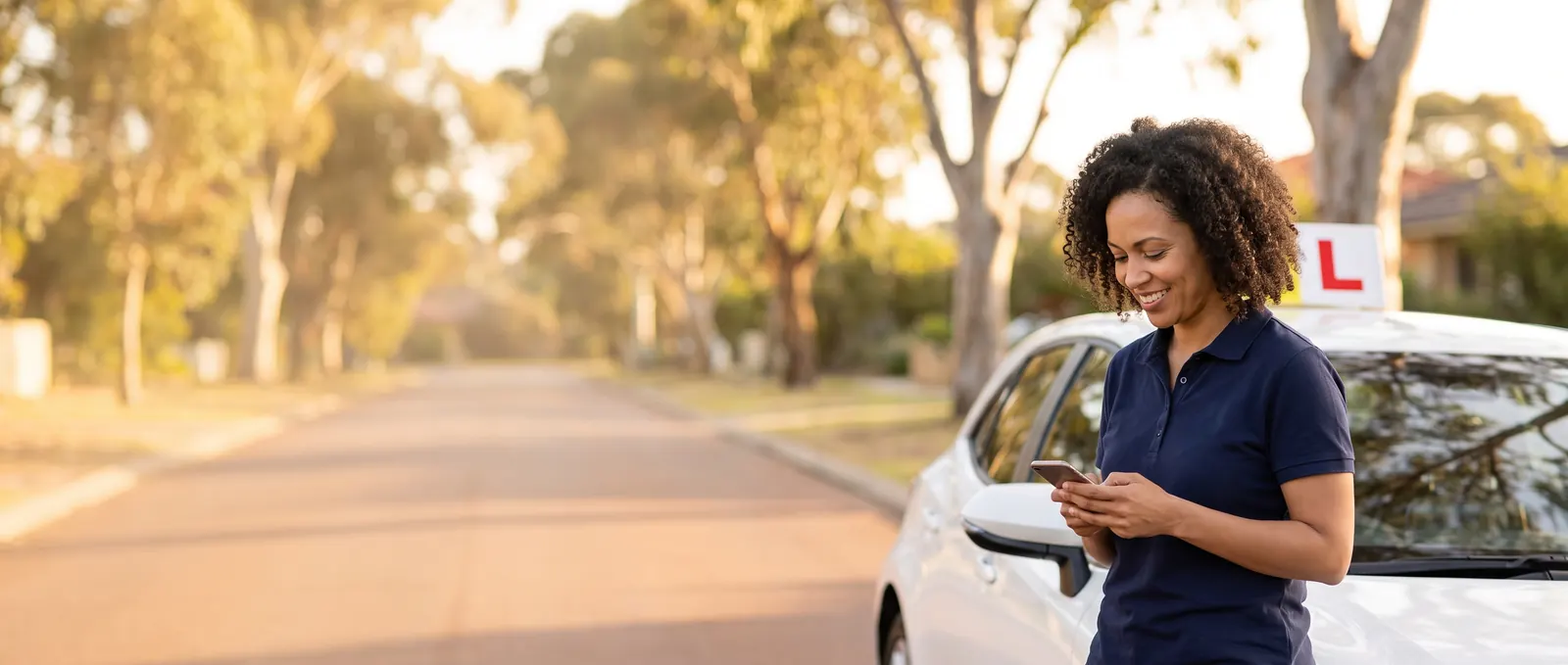 A driving instructor beside her learner car checks a new booking on her phone