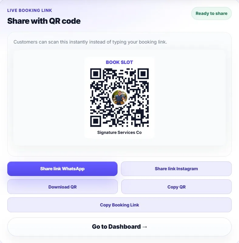 SoloPayLink booking QR code and public booking link ready to share with customers