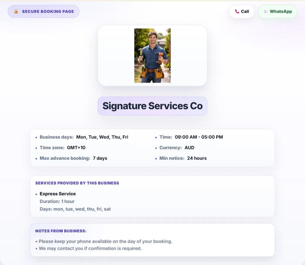 SoloPayLink setup screen where a solo business owner creates a public booking link