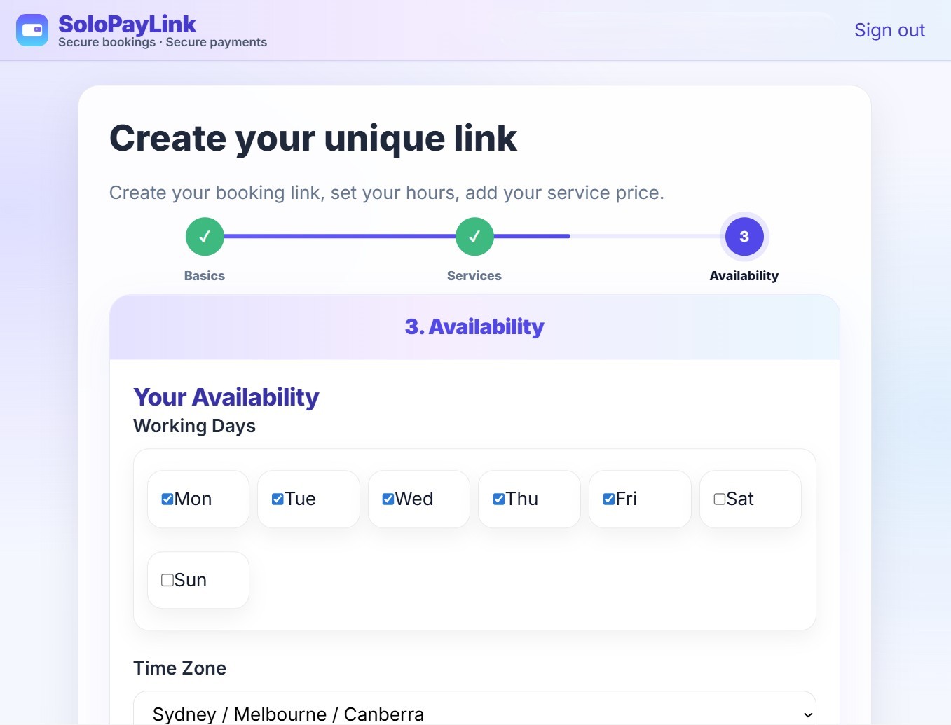SoloPayLink setup flow preview showing creation of a business booking link