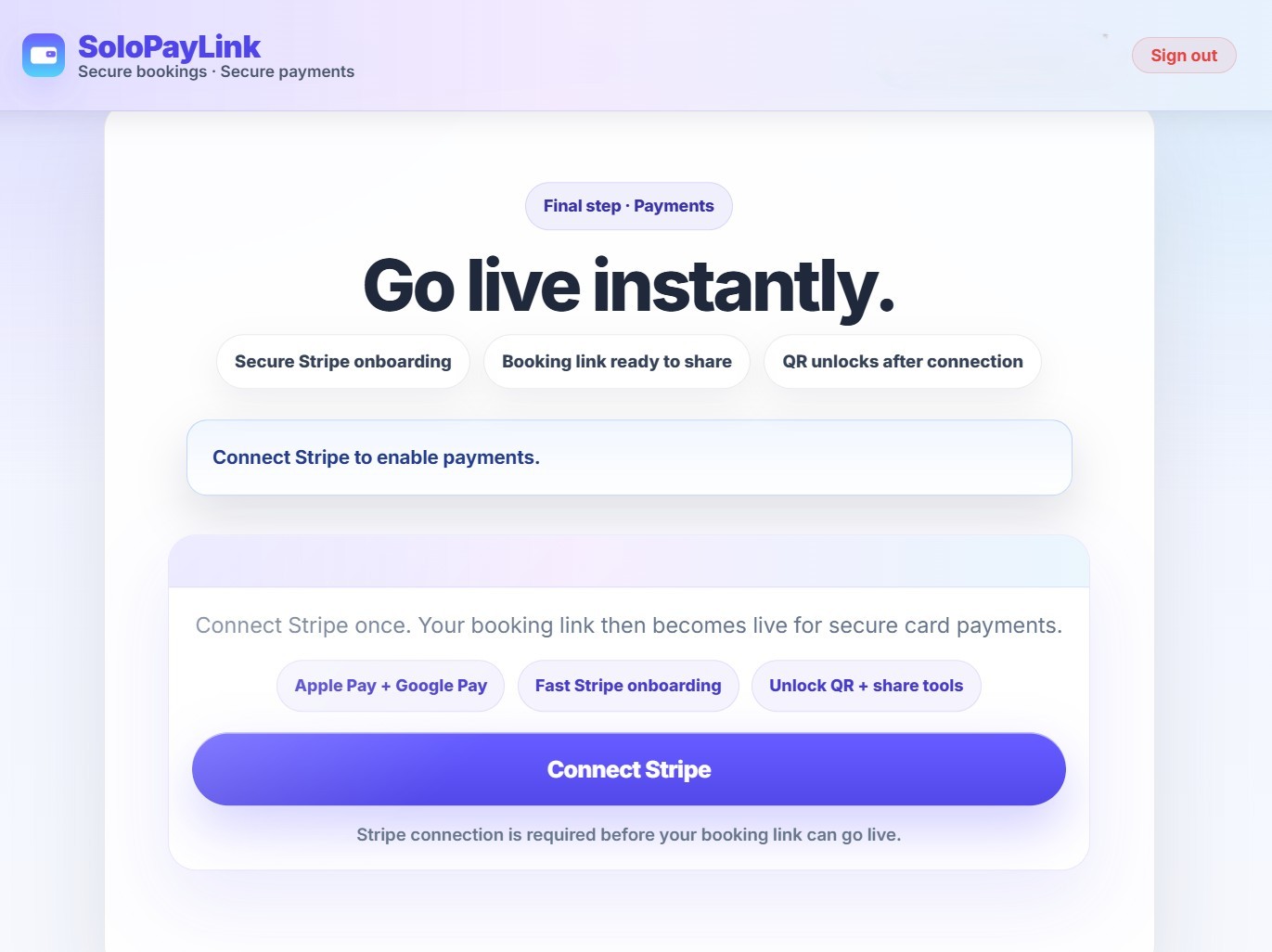 SoloPayLink share flow preview showing link and QR sharing tools
